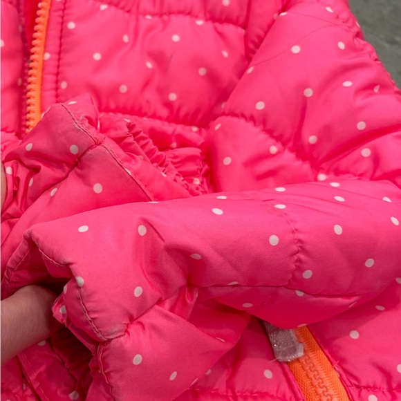USED 24mo girls puffy snowsuit, Carter’s, pink/gray winter jacket & overalls - Picture 13 of 16